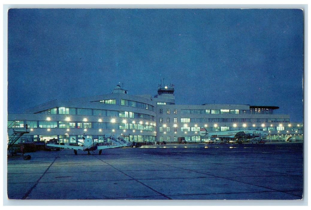 c1950's Airport At Night Airplane Building Pittsburg Pennsylvania PA Postcard
