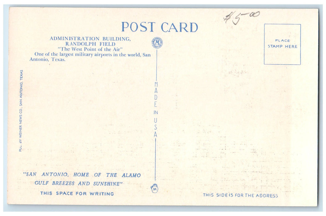 c1940's Administration Building Randolph Field San Antonio Texas TX  Postcard