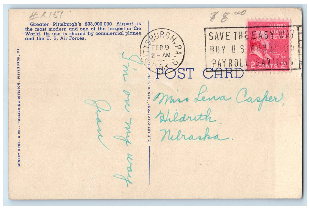 1953 Greater Pittsburg Airport Airplane Building Runway Pittsburg PA Postcard