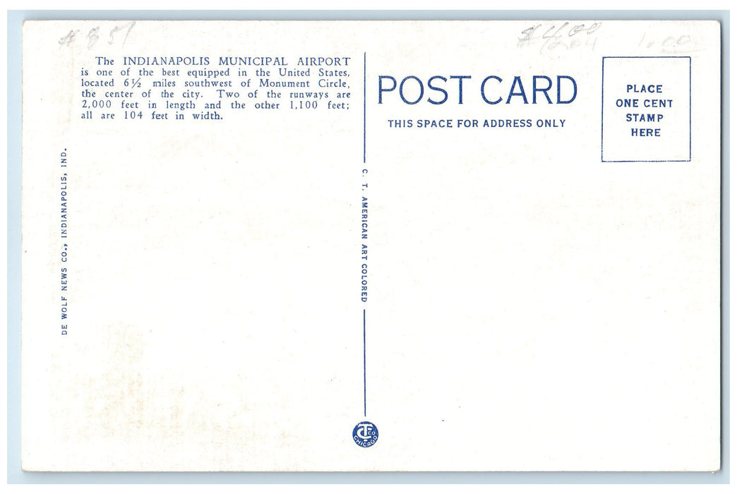 c1940's Indianapolis Municipal Airport Airplane Indianapolis Indiana IN Postcard