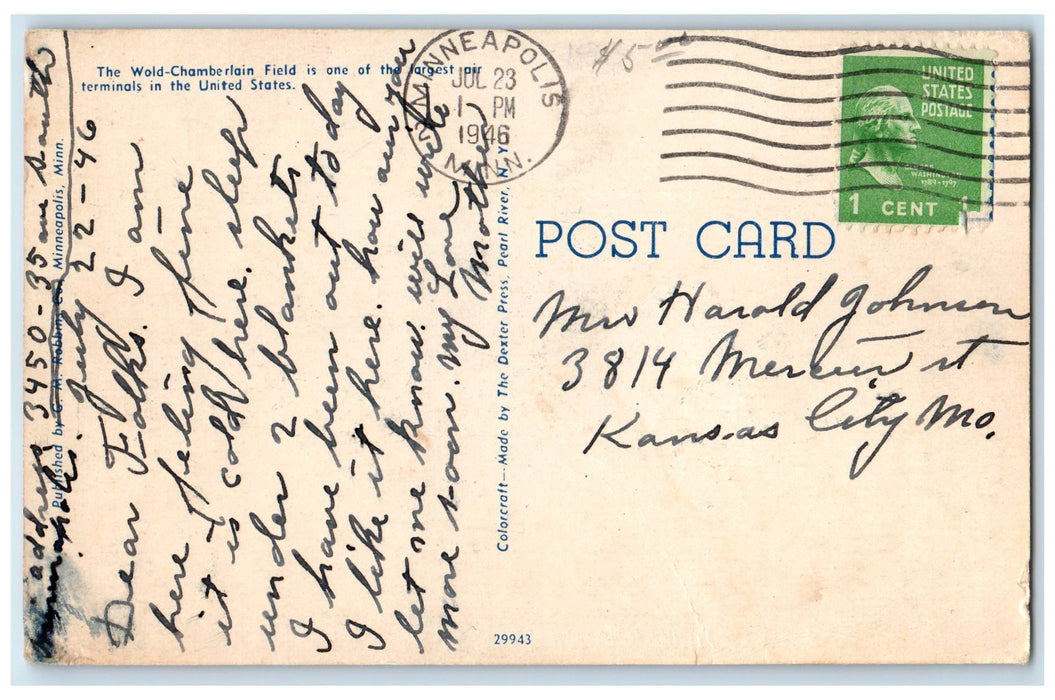 1946 Wold Chamberlain Field Airplane Building Minneapolis Minnesota MN Postcard