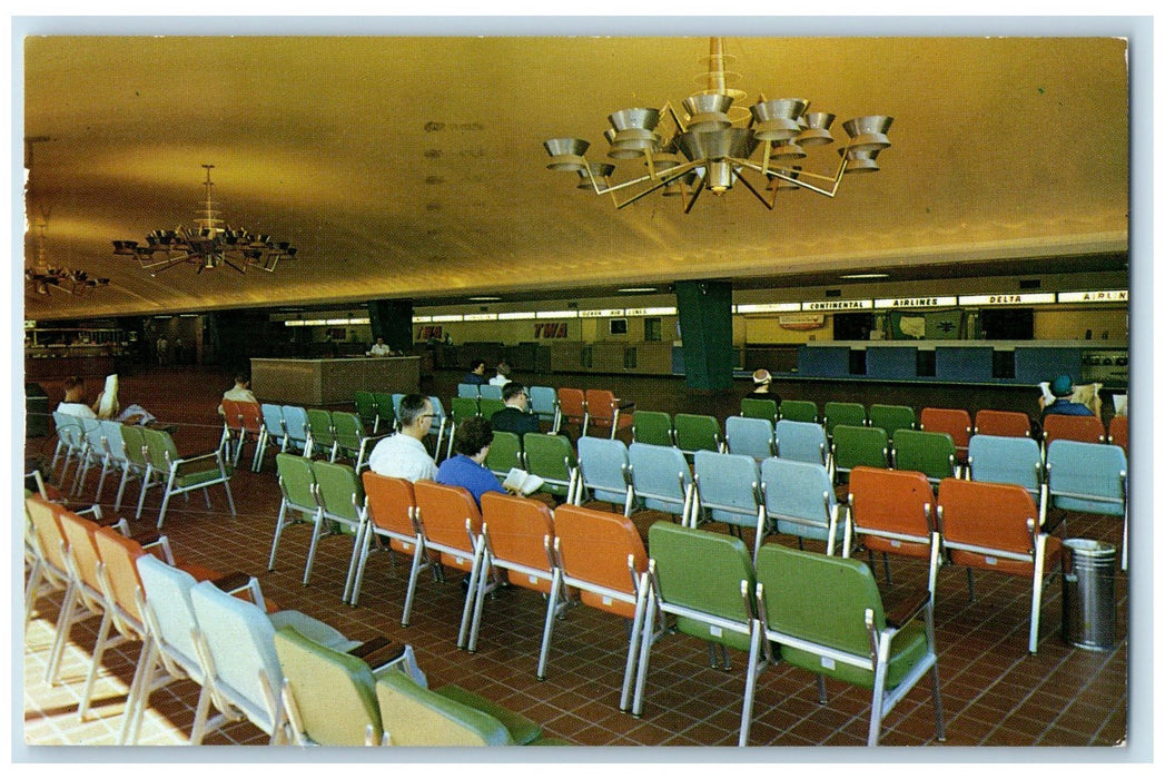 1960 Lobby New North Terminal Bldg. Airport Passengers Kansas City MO Postcard