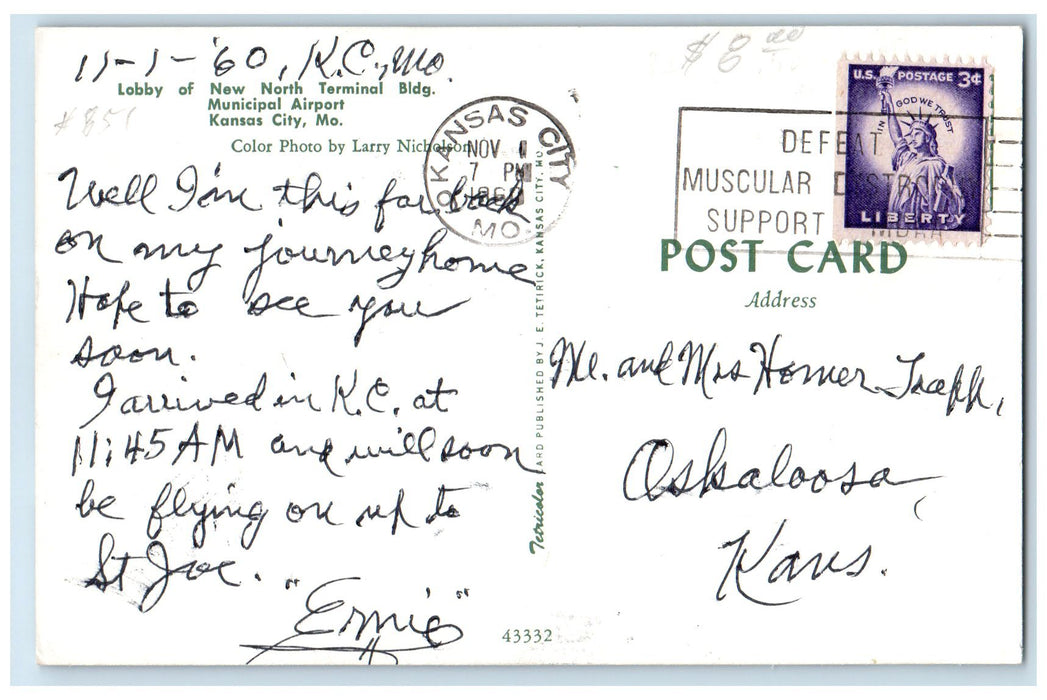 1960 Lobby New North Terminal Bldg. Airport Passengers Kansas City MO Postcard
