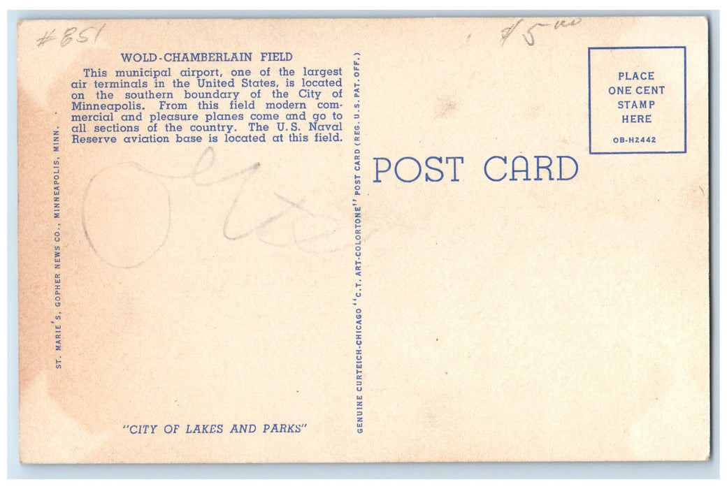 c1940's Wold Chamberlain Field Control Tower Minneapolis Minnesota MN Postcard