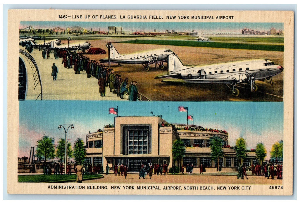 c1940 Line Up Planes La Guardia Field Administration Bldg. New York NY Postcard