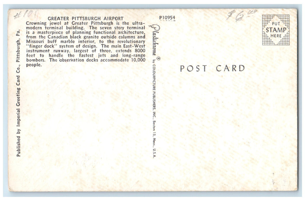 c1950's Greater Pittsburg Airport Runway Building Tower Airplane PA Postcard