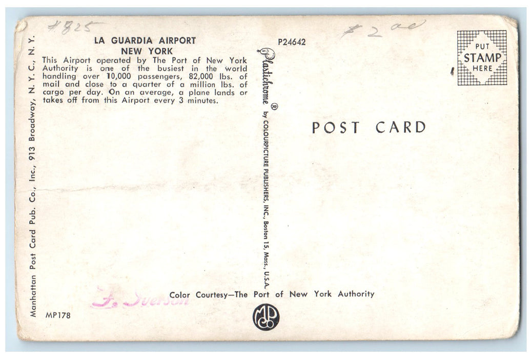 c1950's La Guardia Airport Building Entrance Cars Airplane New York NY Postcard