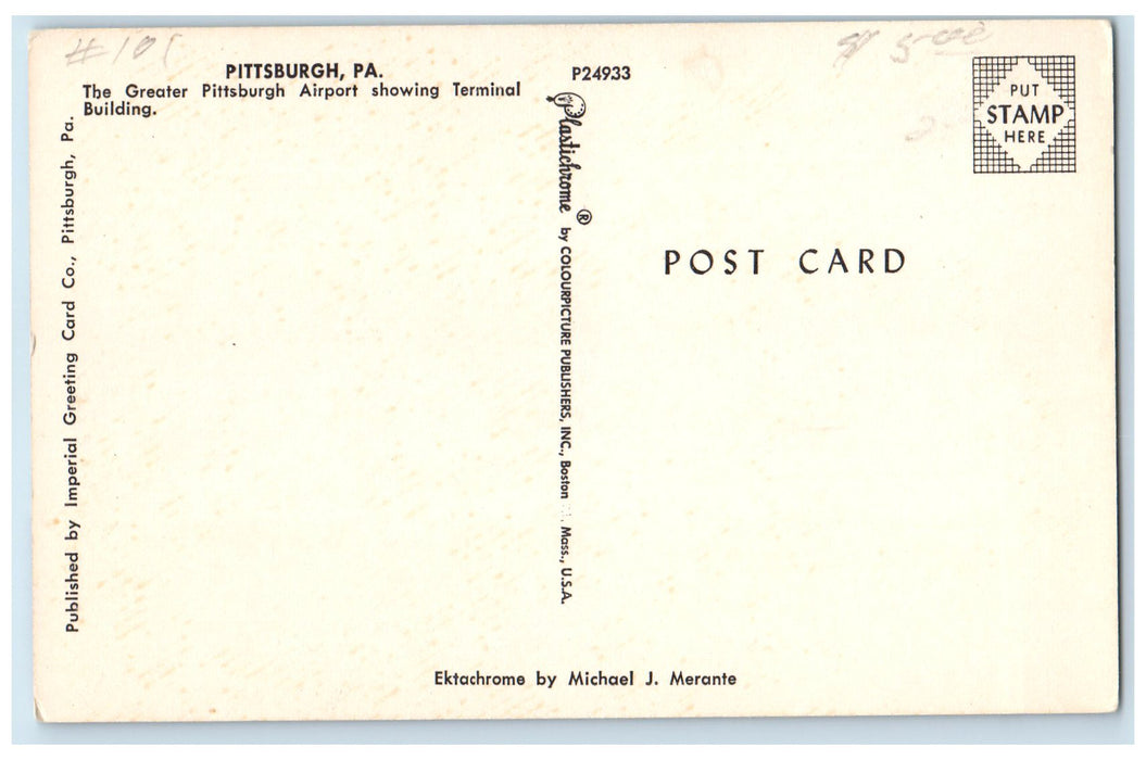 c1950's Pittsburg Airport Terminal Building Airplanes Pennsylvania PA Postcard