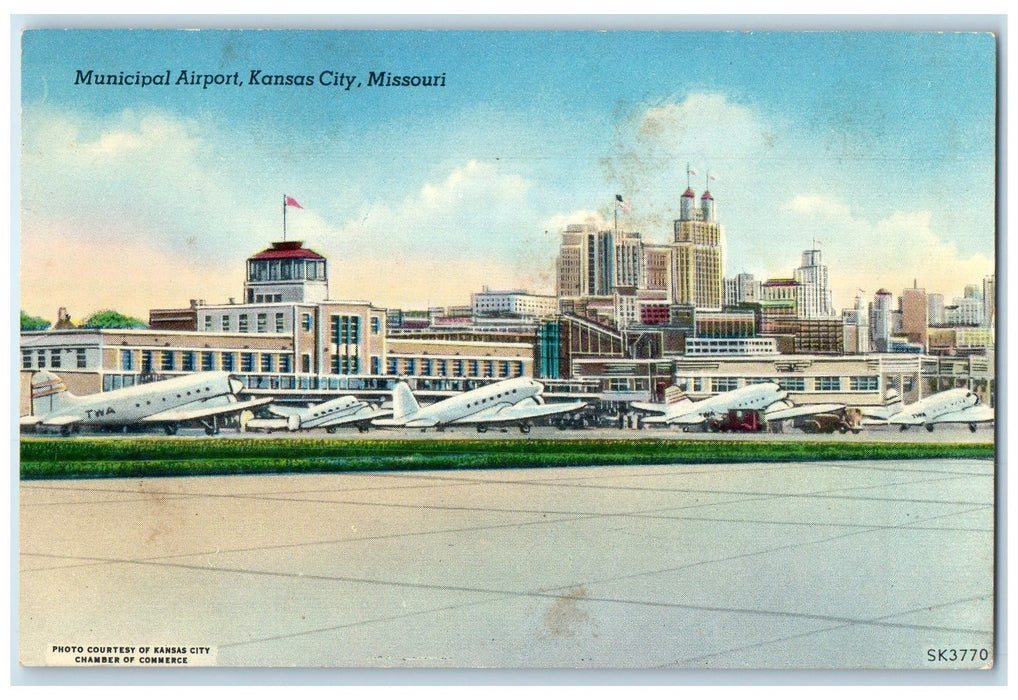 c1950 Municipal Airport Lined Airplane Terminal Kansas City Missouri MO Postcard