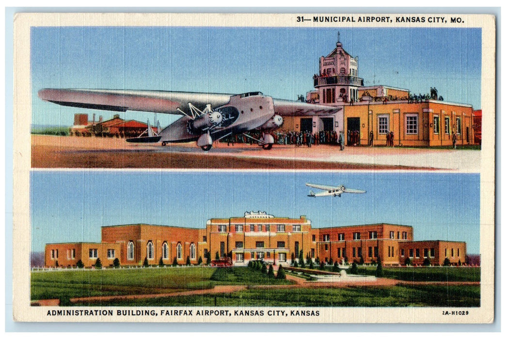 1946 Municipal Airport Terminal Administration Building Kansas City MO Postcard
