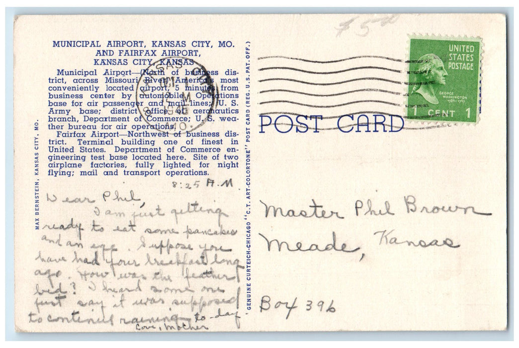 1946 Municipal Airport Terminal Administration Building Kansas City MO Postcard