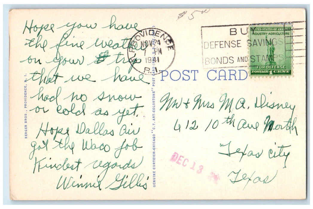 1941 Rhode Island State Airport Hills Grove Providence Rhode Island RI Postcard