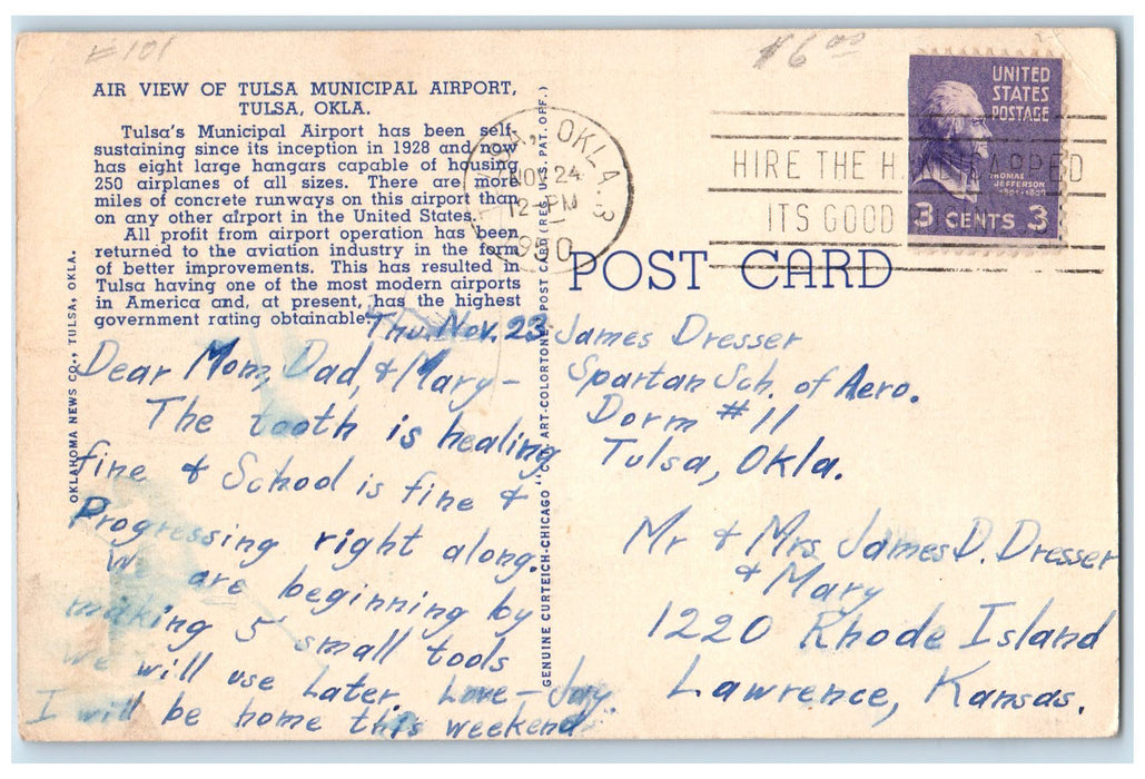 1950 Air View Of Tulsa Municipal Airport Terminal Tulsa Oklahoma OK Postcard