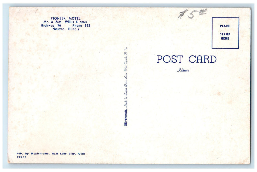 c1950 Pioneer Motel Mr. & Mrs. W. Diemer Restaurant Cottage Nauvoo IL Postcard