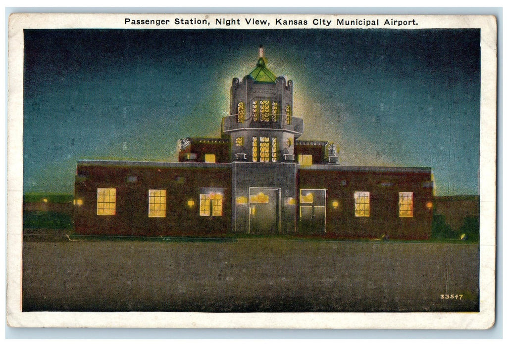 c1920's Passenger Station Night View Municipal Airport Kansas City MO Postcard
