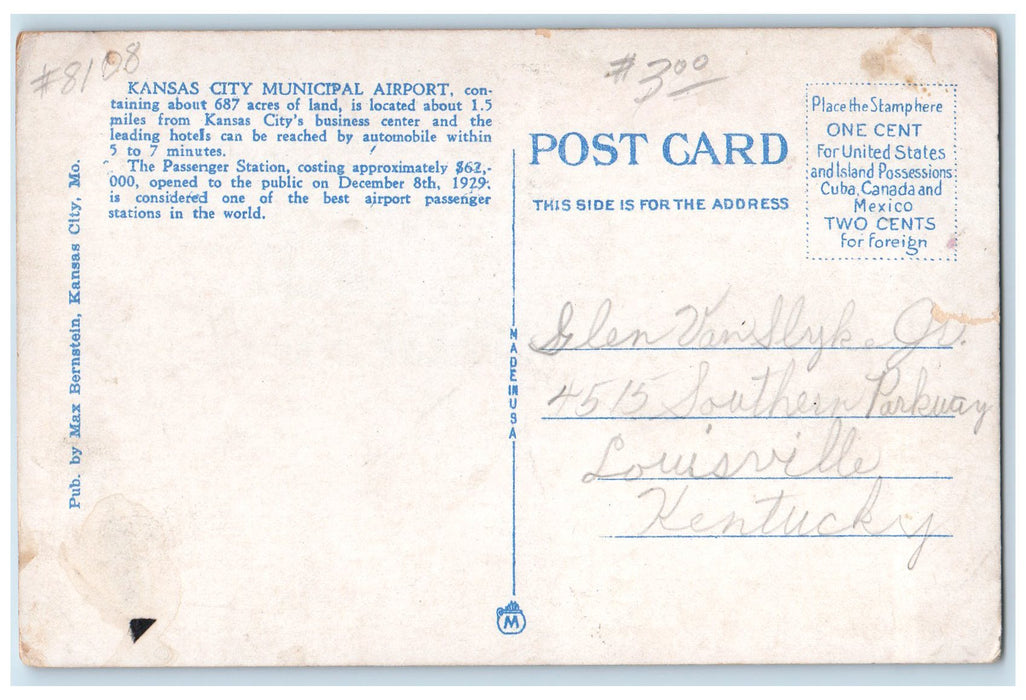 c1920's Passenger Station Night View Municipal Airport Kansas City MO Postcard