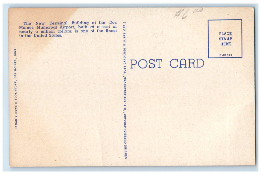 c1940's New Terminal Building Municipal Airport View Des Moines Iowa IA Postcard