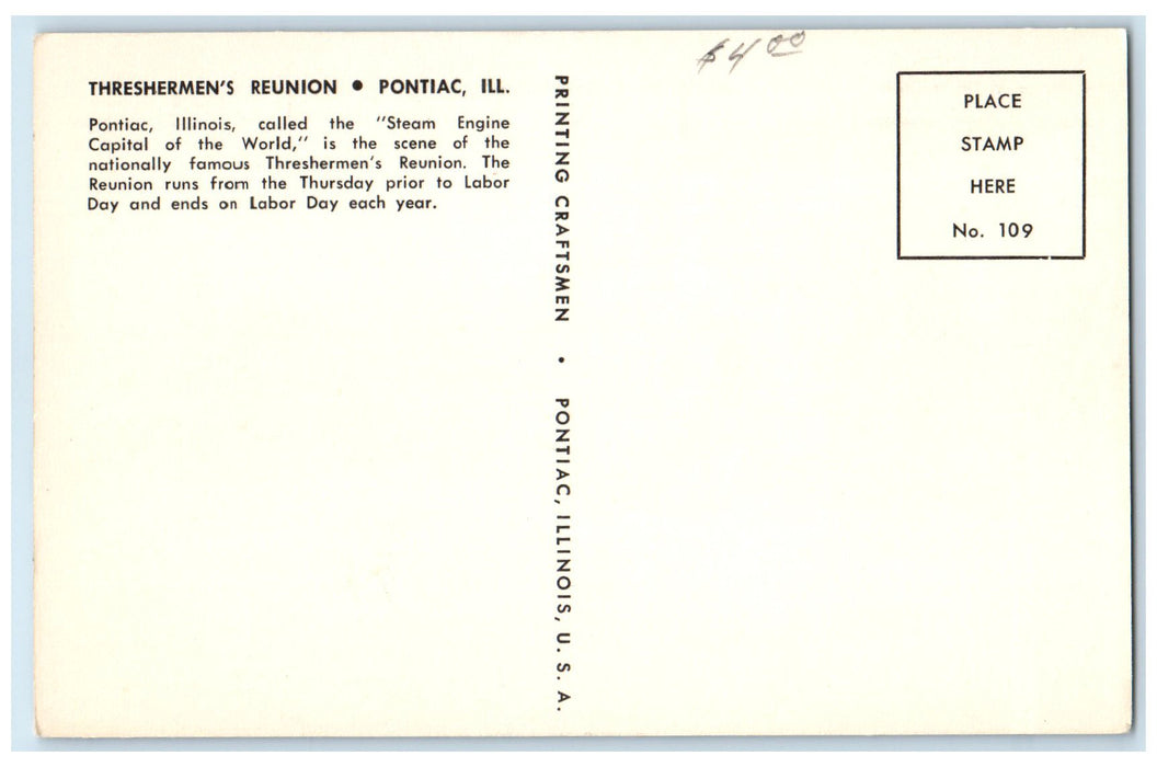 c1950 Threshermen's Reunion Pontiac Equipment Farm Festival Illinois IL Postcard