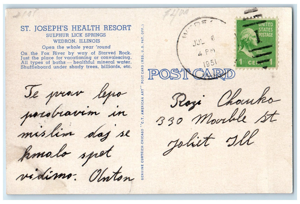 1951 St. Joseph Health Resort Building Restaurant Wedron Illinois IL Postcard