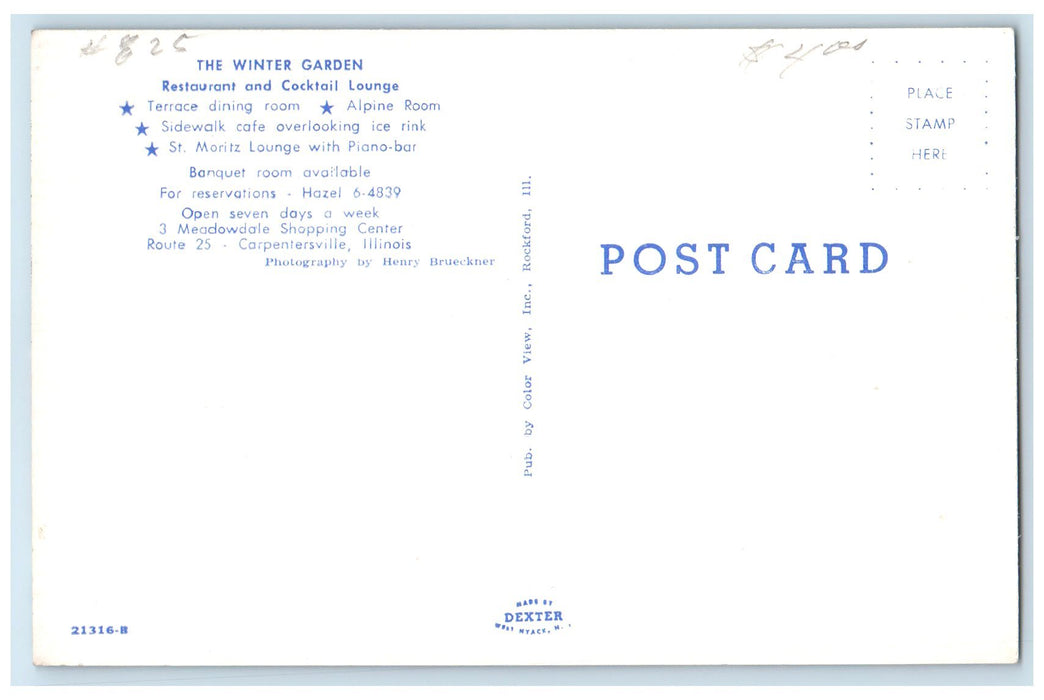 c1950 Winter Garden Restaurant Cocktail Lounge Views Carpentersville IL Postcard