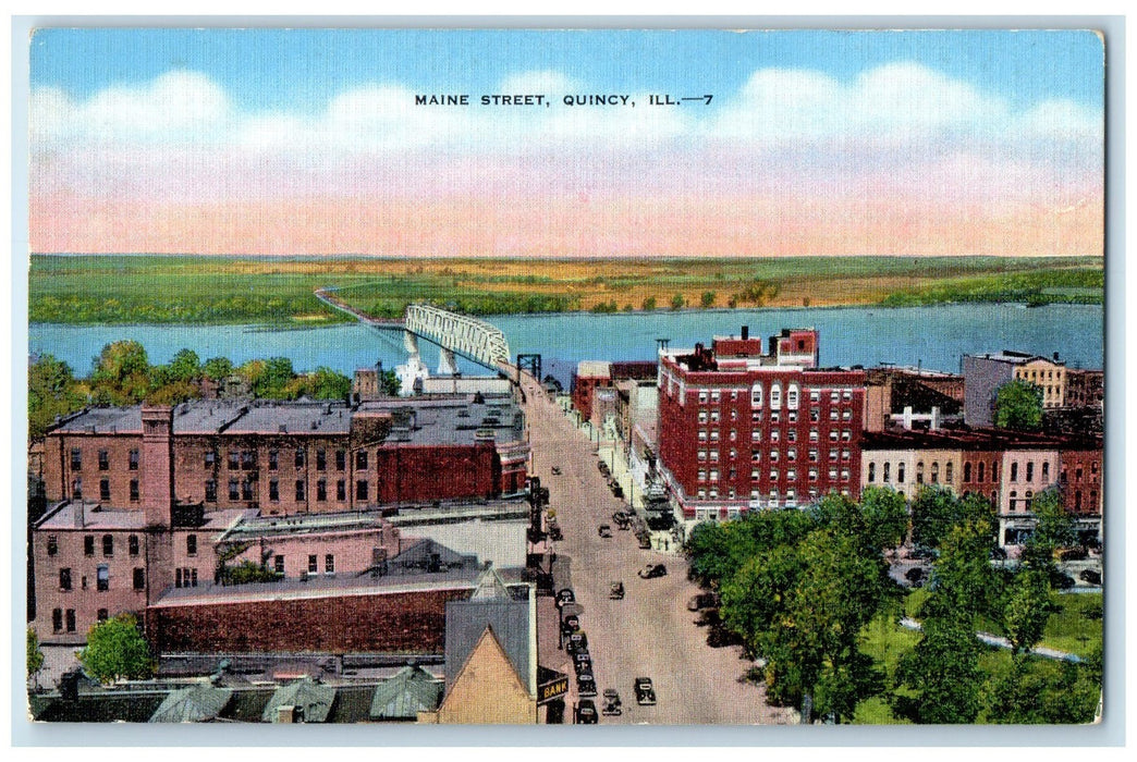 c1940's Maine Street Truss Bridge Park River Views Quincy Illinois IL Postcard