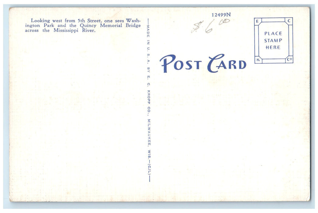 c1940's Maine Street Truss Bridge Park River Views Quincy Illinois IL Postcard