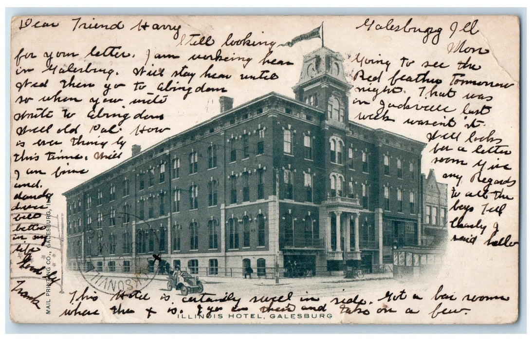 1906 Illinois Hotel Restaurant Building Classic Cars Tower Galesburg IL Postcard