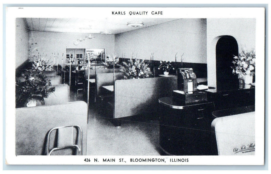 c1920's Karls Quality Cafe Interior Restaurant Bloomington Illinois IL Postcard