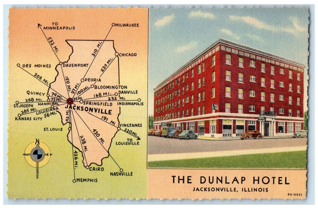 c1940's The Dunlap Hotel Restaurant Map Sketch Jacksonville Illinois IL Postcard