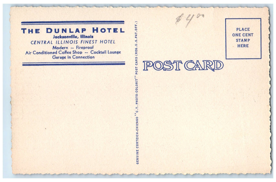 c1940's The Dunlap Hotel Restaurant Map Sketch Jacksonville Illinois IL Postcard
