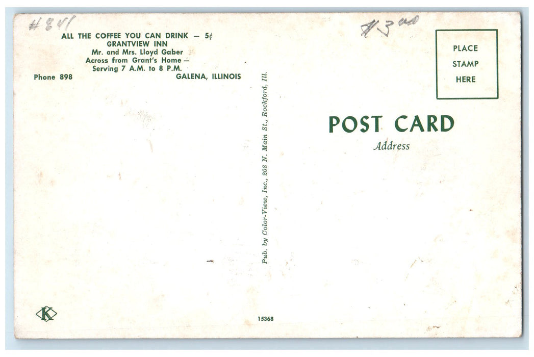 c1950's All The Coffee You Can Drink Grantview Inn Galena Illinois IL Postcard