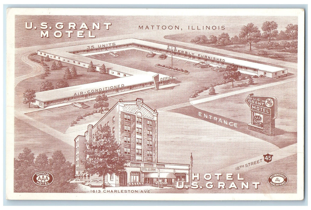 c1920's US Grant Motel Multiple View Restaurant Map Mattoon Illinois IL Postcard