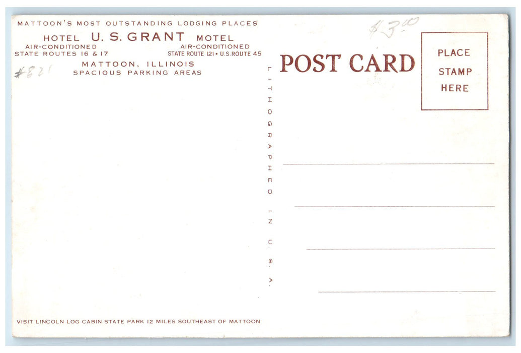 c1920's US Grant Motel Multiple View Restaurant Map Mattoon Illinois IL Postcard