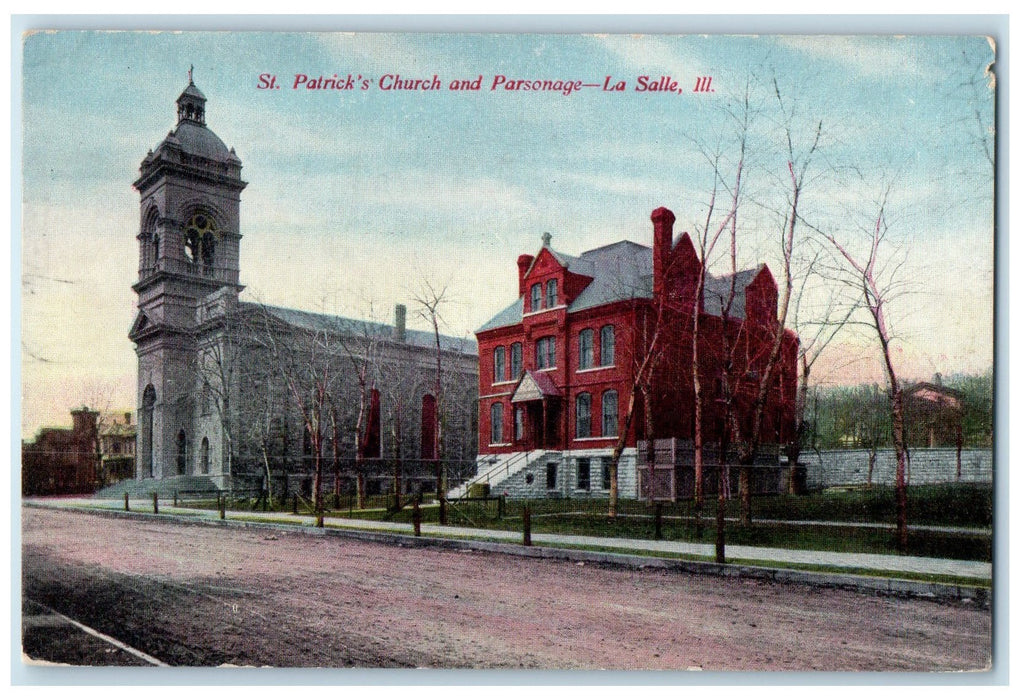 c1950's St. Patrick's Church & Parsonage Building Dirt Road La Salle IL Postcard