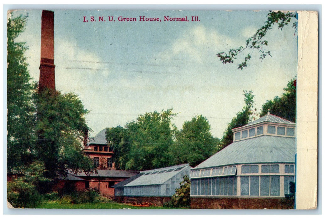 1913 I.S.N.U. Green House Smokestacks Building Grove Normal Illinois IL Postcard