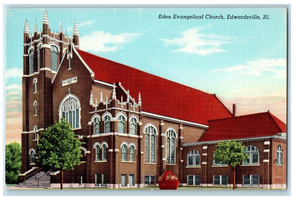 c1950 Eden Evangelical Church Building Tower Edwardsville Illinois IL Postcard