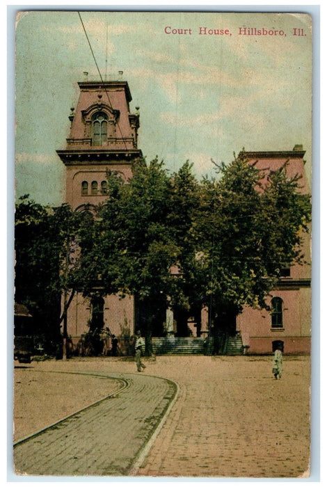 1912 Court House Building Tower Steps Entrance Hillsboro Illinois IL Postcard
