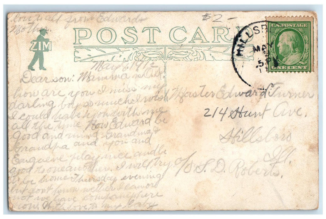 1912 Court House Building Tower Steps Entrance Hillsboro Illinois IL Postcard