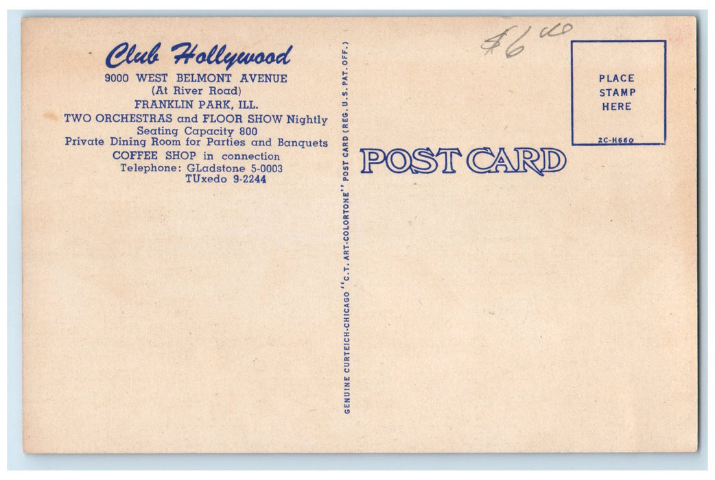 c1950's Club Hollywood Restaurant Theater Franklin Park Illinois IL Postcard