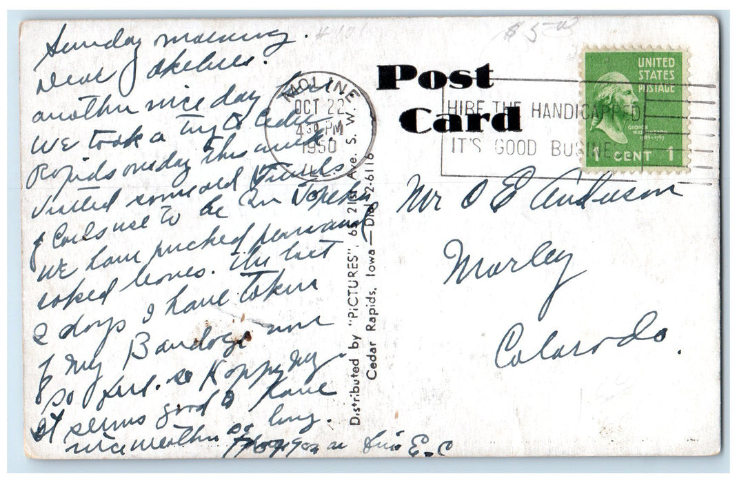 1950 Bird's Eye View Of Second Avenue Cedar Rapids Iowa IA Posted Cars Postcard