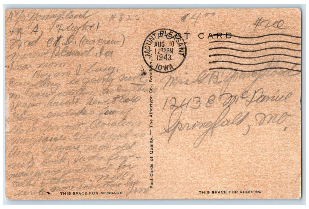 1943 Campus Iowa Wesleyan College Exterior Mt. Pleasant Iowa IA Posted Postcard