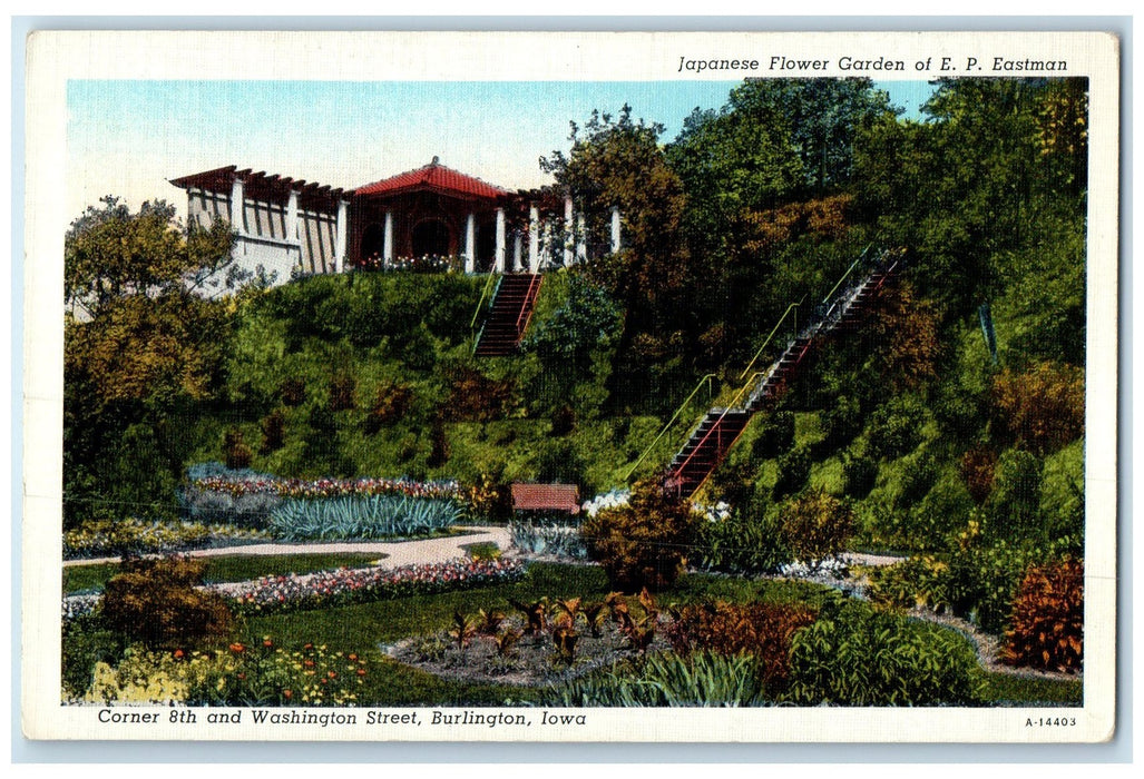 c1940s Japanese Flower Garden Corner 8th & Washington St. Burlington IA Postcard