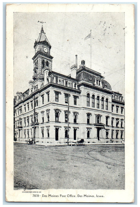 1908 Des Moines Post Office Exterior Roadside Des Moines Iowa IA Posted Postcard
