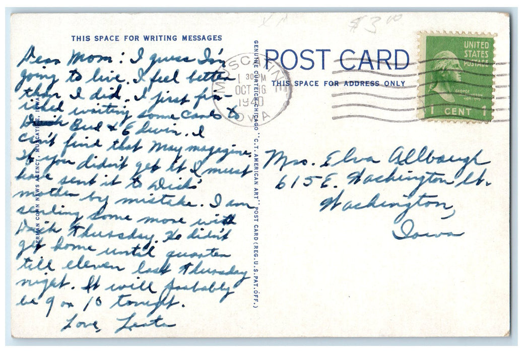 1940 First Methodist Episcopal Church Exterior Muscatine Iowa IA Posted Postcard