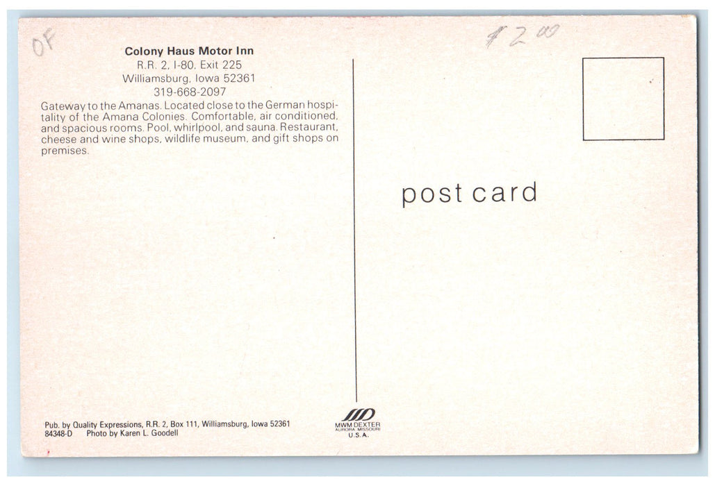 c1960's Colony Haus Motor Inn Exterior Williamsburg Iowa IA Unposted Postcard