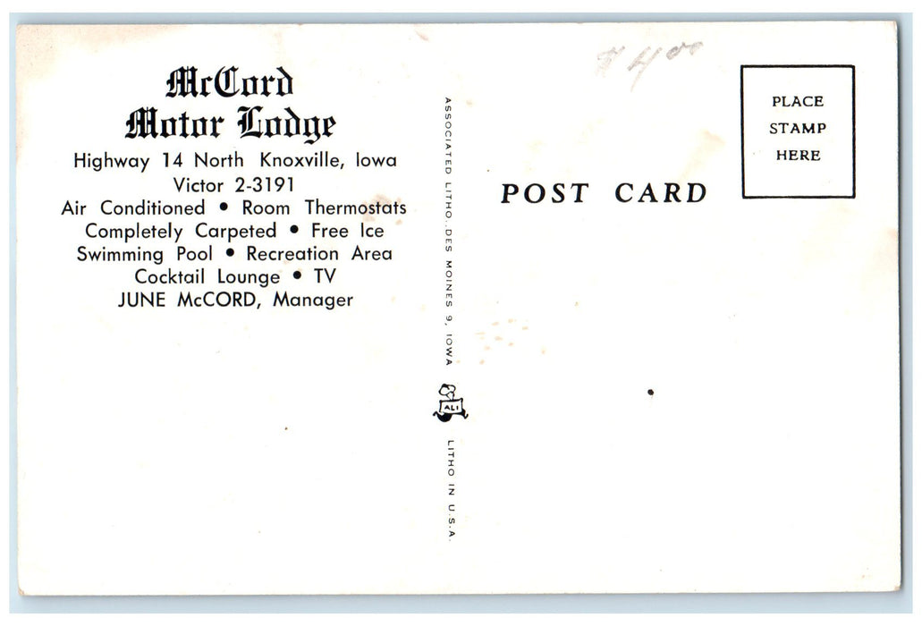 c1960's MrCord Motor Lodge Exterior Roadside Knoxville Iowa IA Unposted Postcard