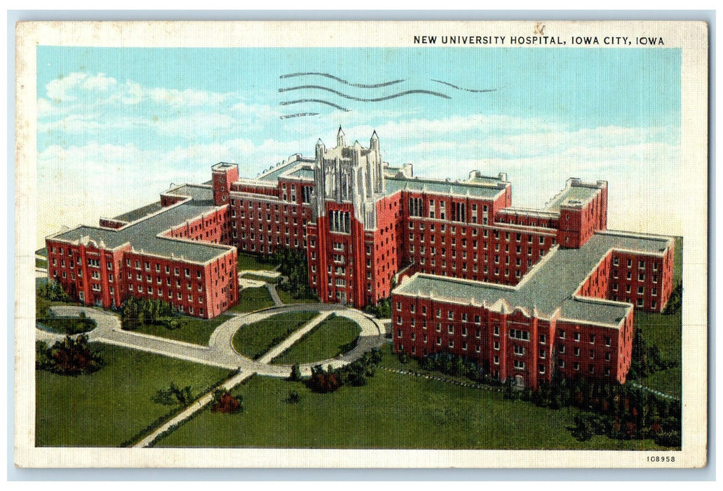 1938 Bird's Eye View Of New University Hospital Iowa City Iowa IA Trees Postcard