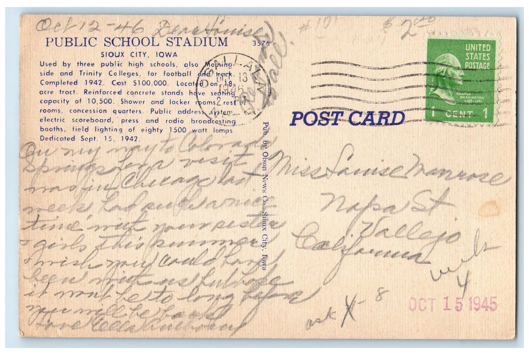 1945 Bird's Eye View Of Public School Stadium Sioux City Iowa IA Posted Postcard