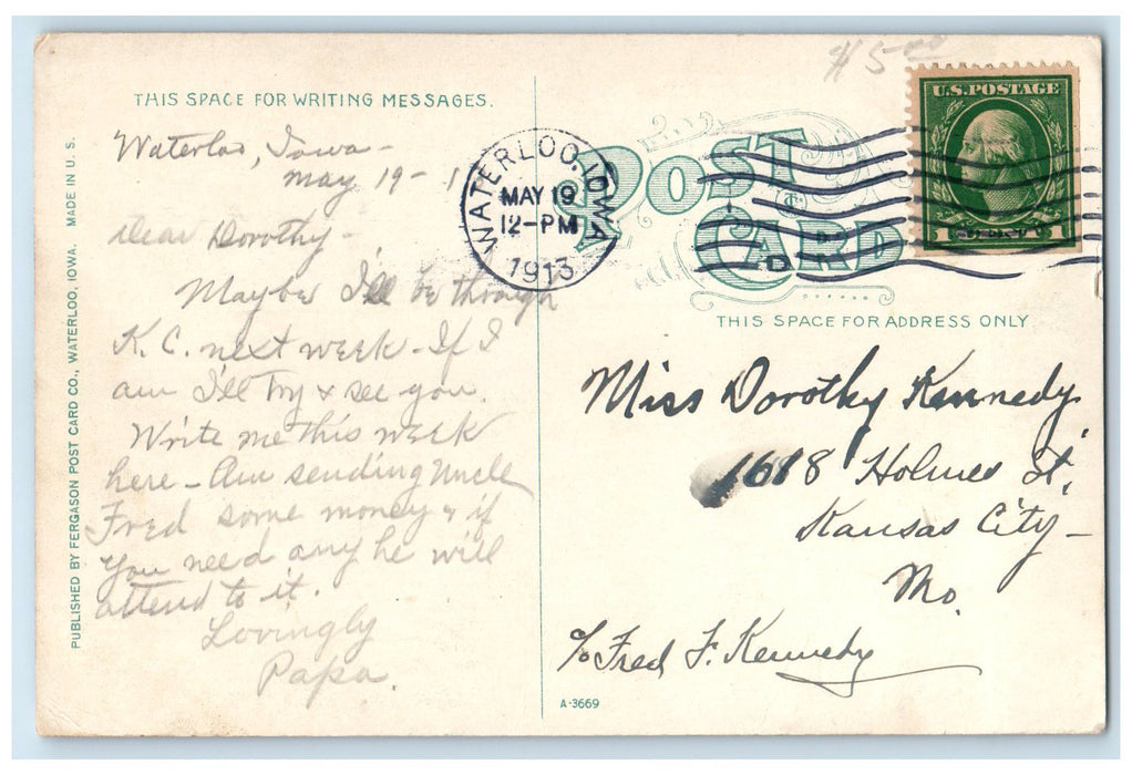 1913 Manual Training School Exterior Roadside Waterloo Iowa IA Posted Postcard