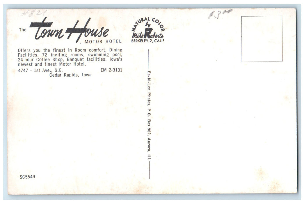 c1960's The Town House Motor Hotel Cedar Rapids Iowa IA Unposted Trees Postcard